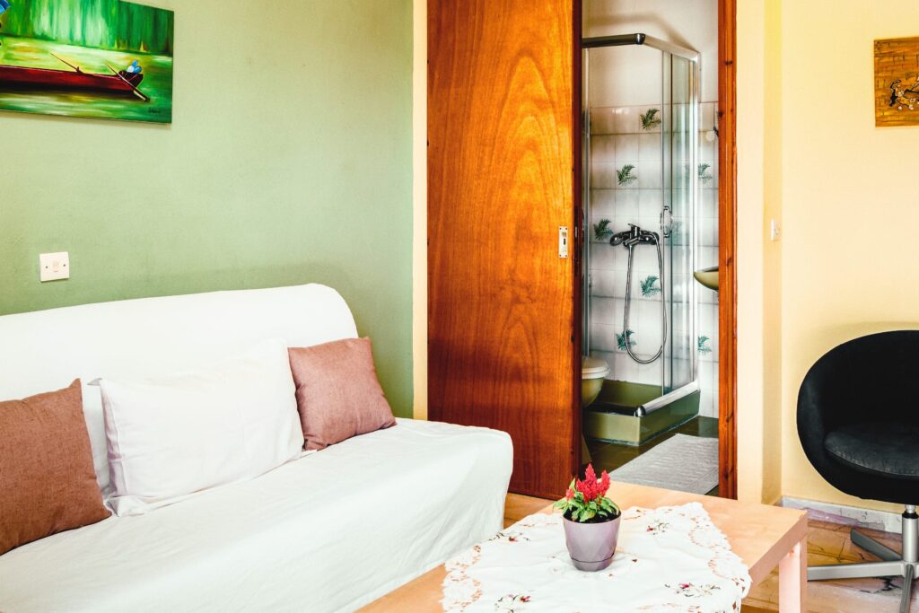 Cozy vintage apartment for two in Paxos: Living room with an origin painting on the wall, adjoined by a bathroom with rustic Greek tilework.